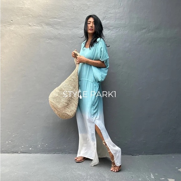 STYLE PARK MAXI KAFTAN DRESS - BNWT - ONE SIZE - BLUE DAISY/CREAM OMBRE - Picture 5 of 11